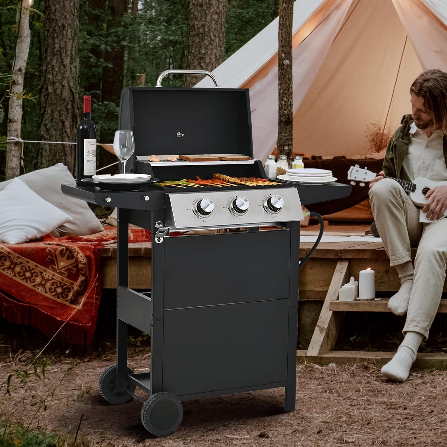Gas Grill with 2 Side Shelves, Outdoor Patio 3 Burner Propane BBQ Grill with 2 Wheels, Lid and Bottle Opener, 30,000 BTU Stainless Steel Grill for Camping RV Backyard Barbecue Picnic, Black