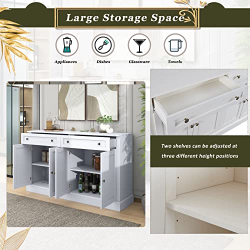 60" Sideboard Buffet with Storage, 4-Door Accent Bar Cabinet, Distressed Wood Storage Cupboard with 2 Drawers and Adjustable Shelves for Kitchen, Dining Room, Living Room, Entryway, White