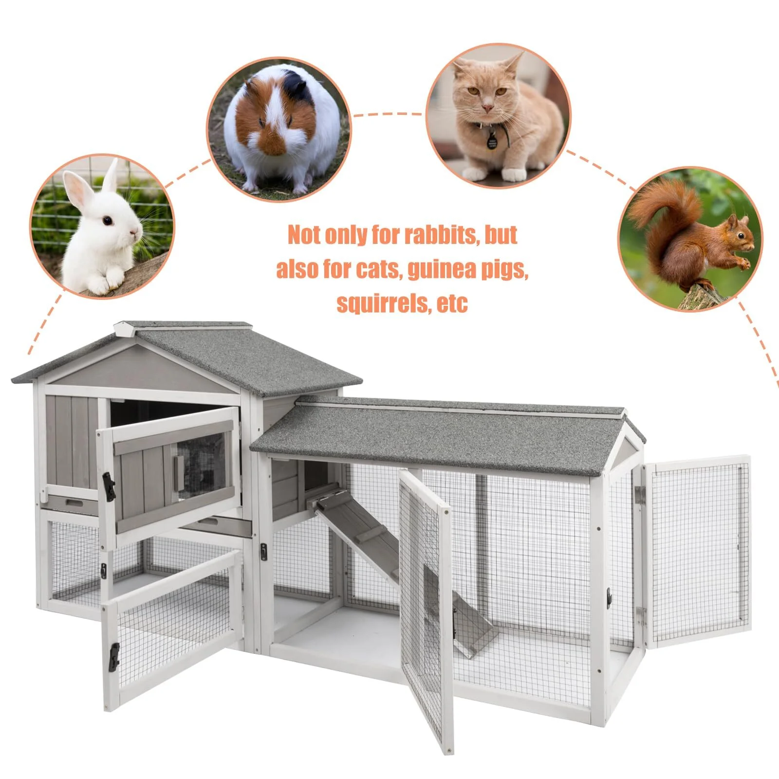 PETSCOSSET Rabbit Hutch Indoor Outdoor 66.9" L Bunny Hutch with Pull Out Tray,2 Story Wooden Rabbit Cage with Asphalt Roof,Guinea Pig Cage with Ventilation Doors,Ramp for Small Animals,Gray - Curated Treasures Market