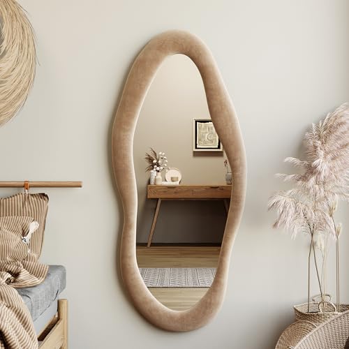 Honyee Full Length Mirror, 63" x 24" Wall Mirror, Flannel Wrapped Wooden Frame Floor Mirror, Irregular Wavy Mirror Hanging or Leaning Against Wall for Cloakroom/Bedroom/Living Room, Milk Tea