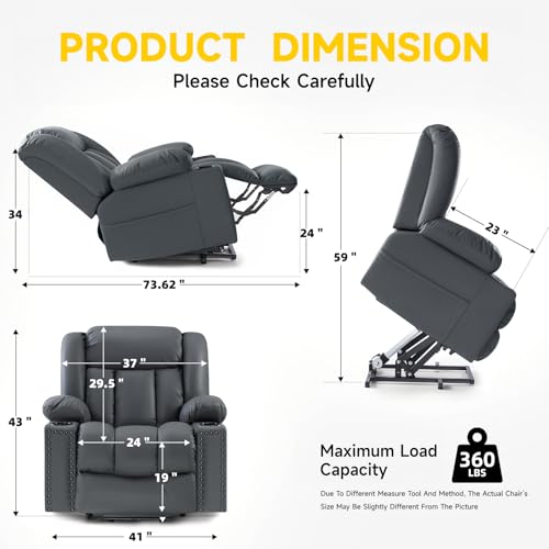 Large Power Lift Chairs Recliners for Elderly with Heated and Massage, Overstuffed Adjustable Lift Chairs, 3 Positions, Breathable Leather, USB-A and USB-C, Cup Holder, Side Pocket Dark Brown