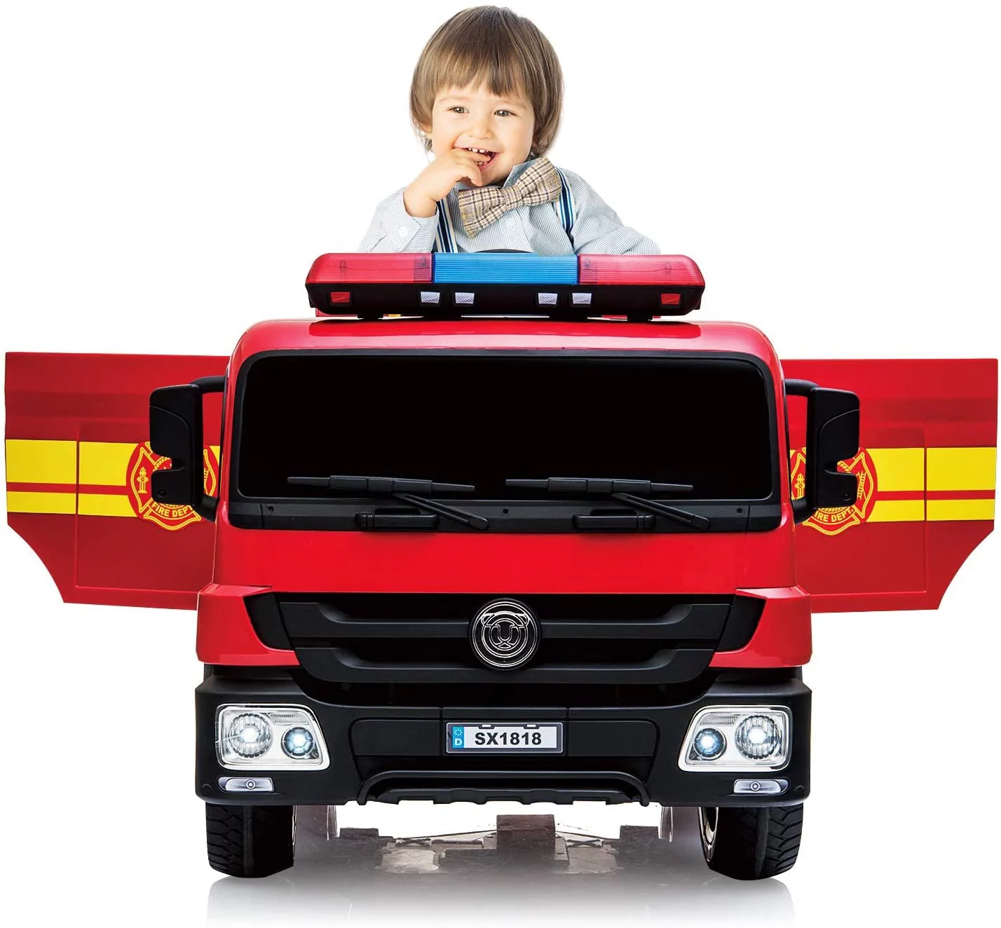 LAZY BUDDY Kids 12V Ride On Fire Truck Battery Powered Ride-Ons Toy Car with Remote Control, Siren for Boys Girls 3-6 Years