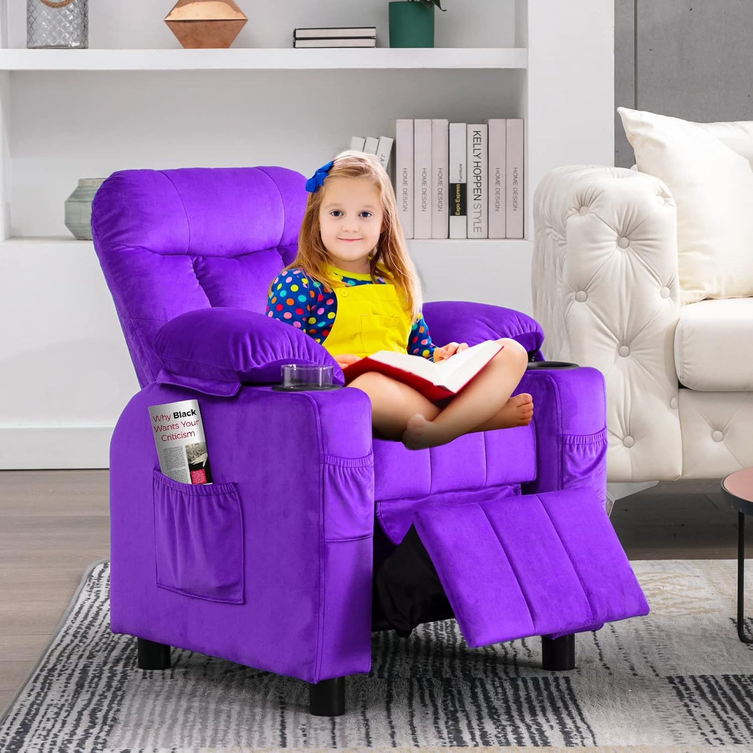 Kids Recliner, Toddlers Kids Recliner Chair with Cup Holder, Ergonomic Adjustable Velvet Lounge Chair with Footrest & Side Pockets, Toddlers Kids Baby Sofa for Boys Girls Bedroom (Purple)