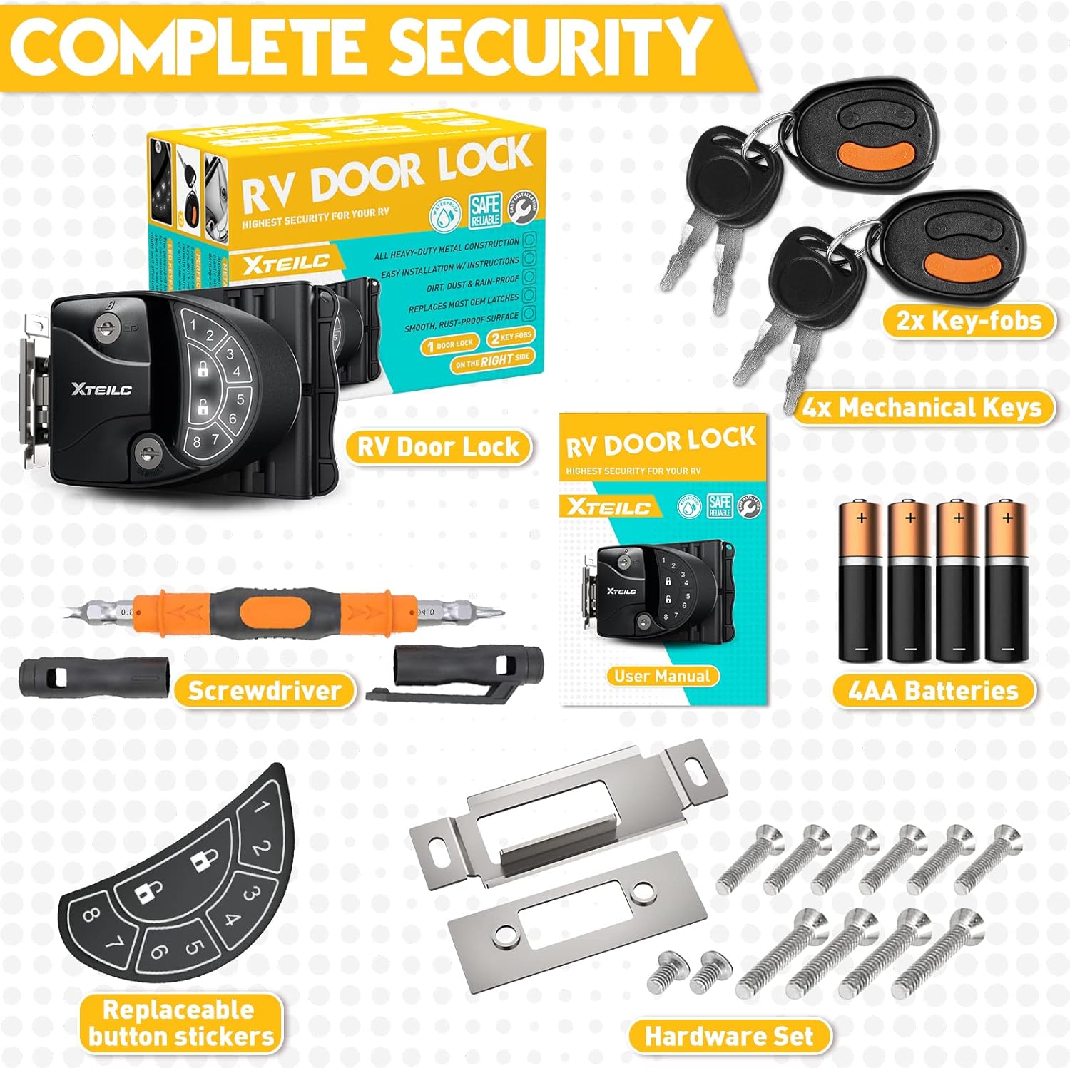 XTEILC RV Keyless Entry Door Lock, Keyless Entry RV Door Lock,Camper Door Lock Keyless Entry| 2 Fobs and Backlit Keypad,Deadbolt, Keypad|Will Only Fit 2.75 x 3.75 Lock Hole