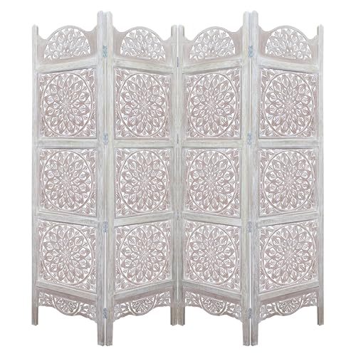 Room Divider Wood Screen - Ghanti Bells Antique Brown - 4 Panel Folding 72 x 80 - Assembled Hand Carved Decorative Functional Versatile Portable Partition Reversible Privacy Boho - COTTON CRAFT