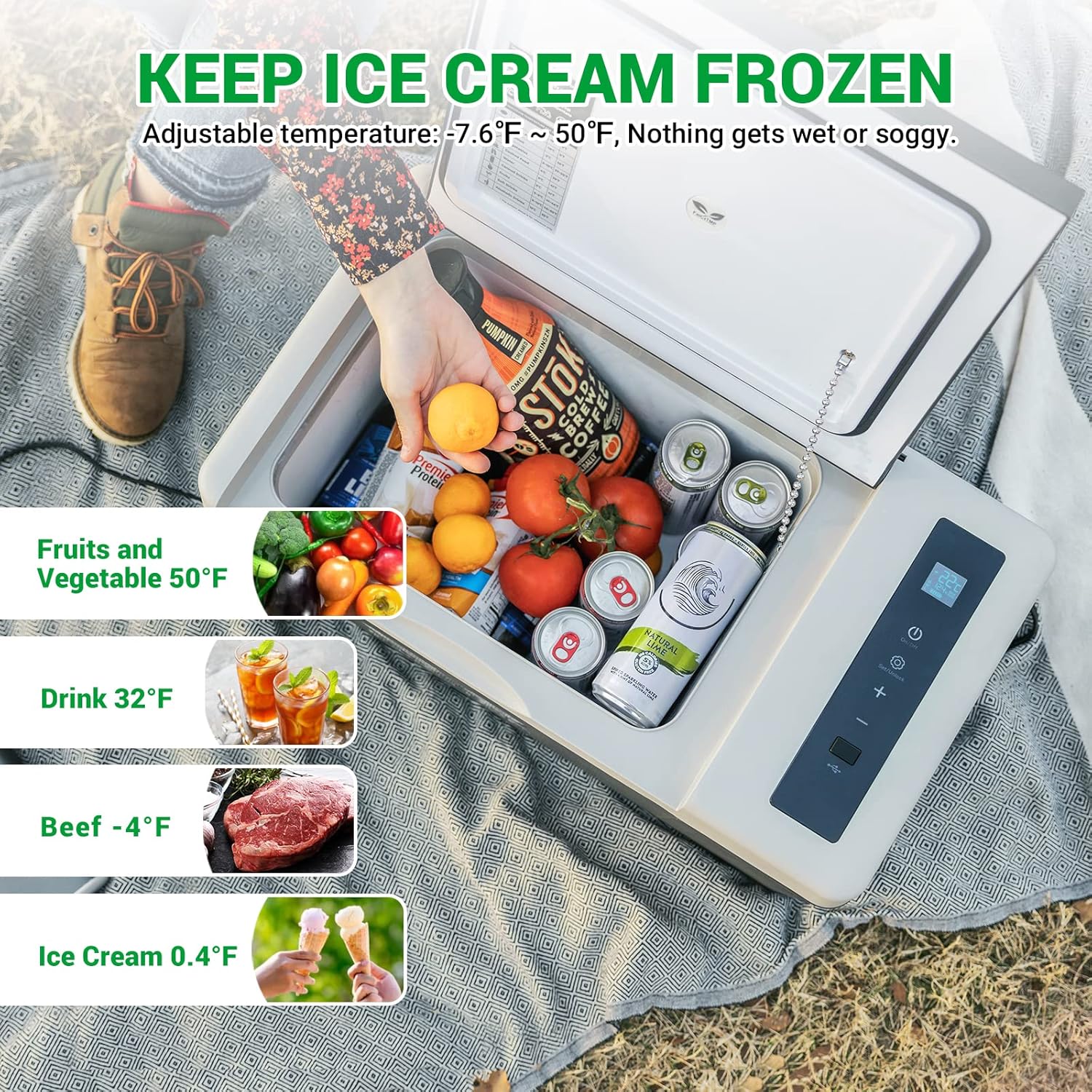 F40C4TMP Portable Refrigerator 20 Quart 12 Volt Freezer (-7.6℉~50℉) 18L Car Fridge With Compressor 110-240V AC For Camping, Truck, RV, Travel, Boat and Home Use