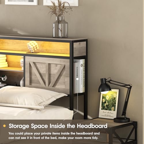 Queen Size Bed Frame with Charging Station, Queen Bed Frame with 4 Drawers LED Light, Farmhouse Platform Bed with Headboard Storage 3 Layer Shelves, Wash Grey