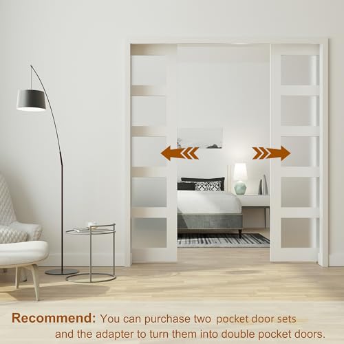 JUBEST Pocket Door 36"x80", 5-Panel Tempered Frosted Glass Sliding Pocket Door with Soft Close Pocket Door Frame Kit, Water-Proof PVC Surface, Assembly Needed, White