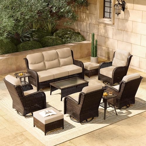 Luxury Patio Furniture Set with 6-inch Thick Cushion, Outdoor Couch and High Back Swivel Rocker Patio Chairs, 7PCS Wicker Conversation Set for Deck, Yard, and Poolside in Blue (V2)