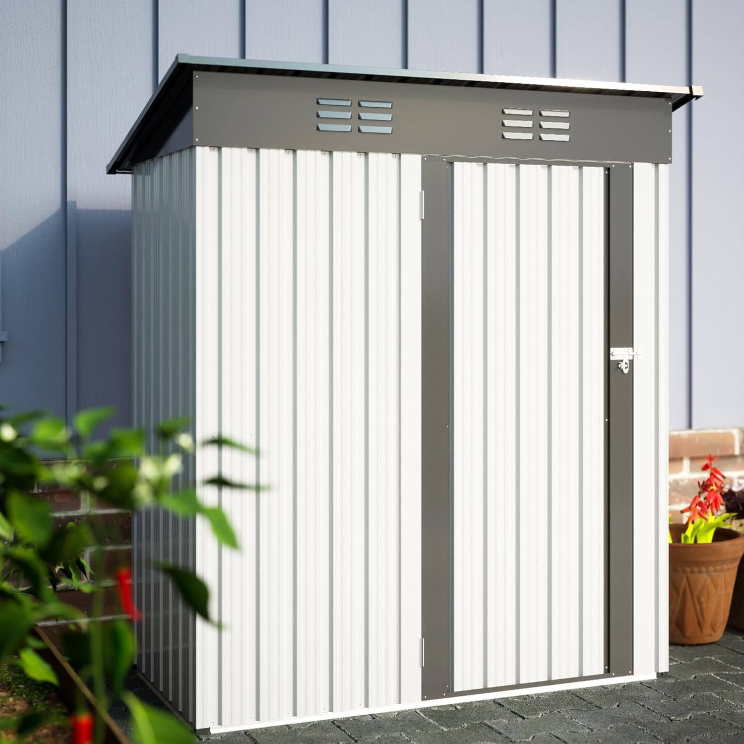 Metal Storage Shed 5x3 FT, Metal Utility Tool Sheds & Outdoor Garden Storage Cabinet with Latches and Lockable Doors for Patio Furniture, Backyard, Lawn, Meadow, Farmland