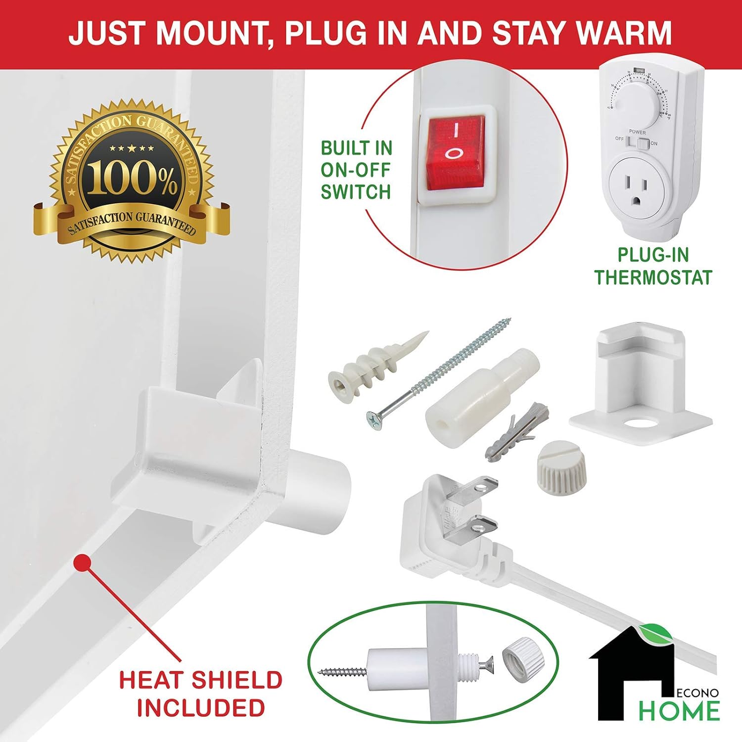 EconoHome Wall Mount Space Heater Panel - with Thermostat and Heat Guard Cover - 400W Convection Heater - For 120 Sq Ft Room - 120V - Save On Your Home Heating Costs - Overheat Protection