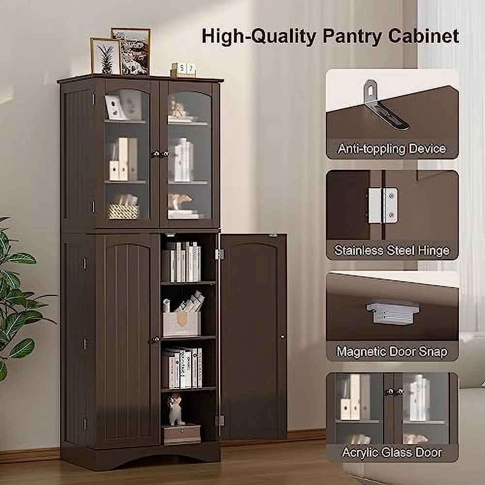 64" Kitchen Pantry Cabinet  Tall  Cabinet with Glass Doors and Adjustable Shelves  Freestanding Floor Cabinet Cupboard for Kitchen  Living Room  Dining Room (Dark Brown)