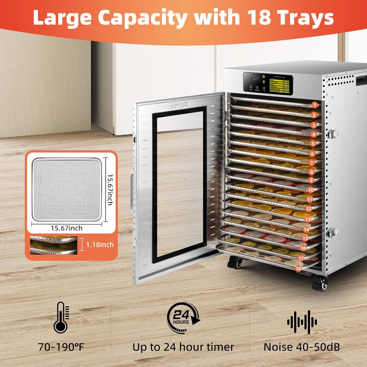 Commercial Food Dehydrator 18 Trays, 1500W Large Capacity Food Dryer Machine for Jerky, Meat, Fruit, Herbs, Stainless Steel Industrial Dehydrater Adjustable Timer& Temperature Control