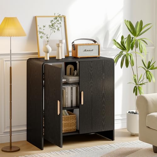 60" Sideboard Buffet Cabinet with Storage, Curved Design Farmhouse Coffee Bar Cabinet with 4 Doors & Adjustable Shelves for Living Room, Kitchen, Hallway, Walnut