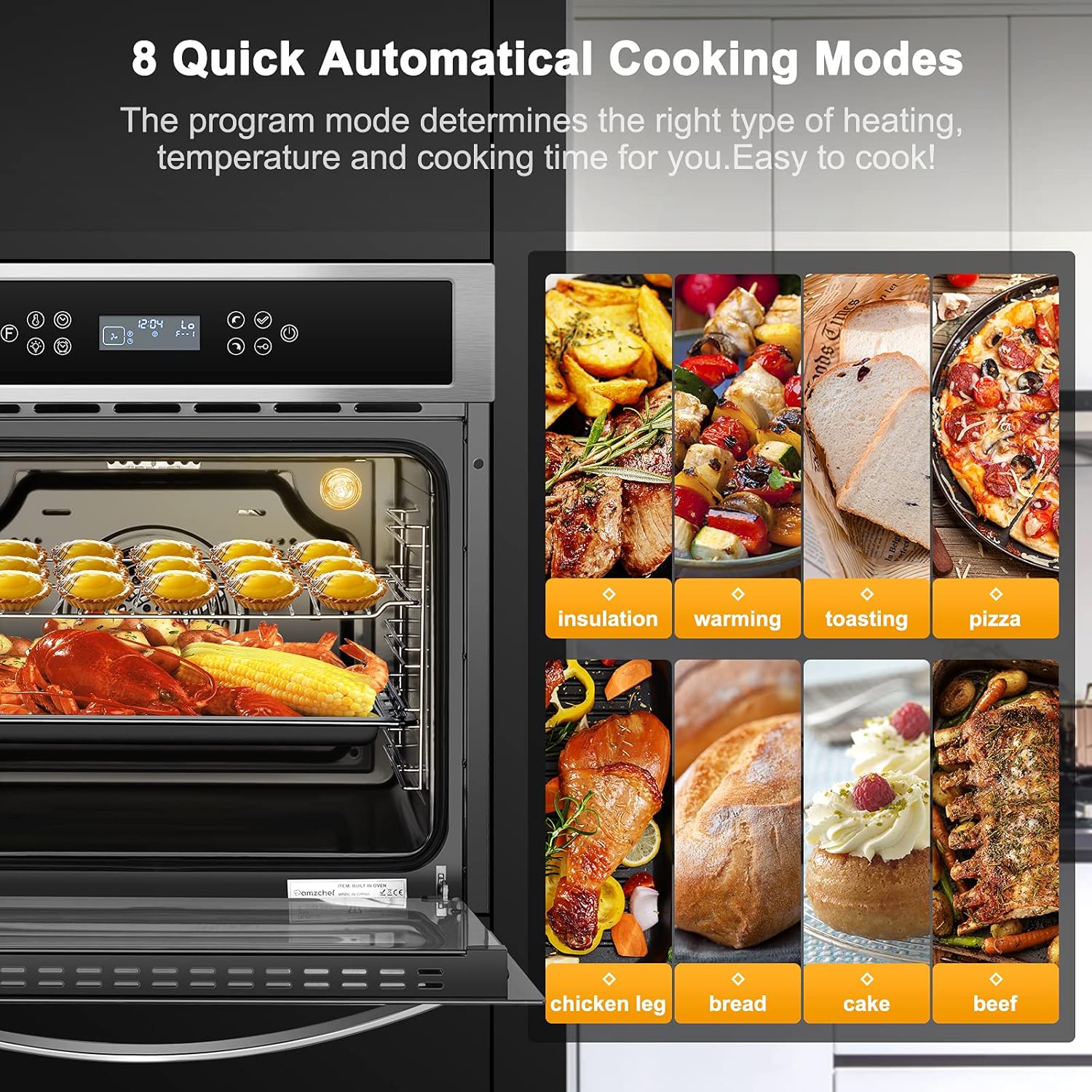 AMZCHEF Single Wall Oven 24" Built-in Electric Ovens with 11 Functions, 8 Automatic Recipes, 2800W, 240V, 2.5Cu.f Convection Wall Oven in Stainless Steel, Touch Control, Timer, Safety Lock