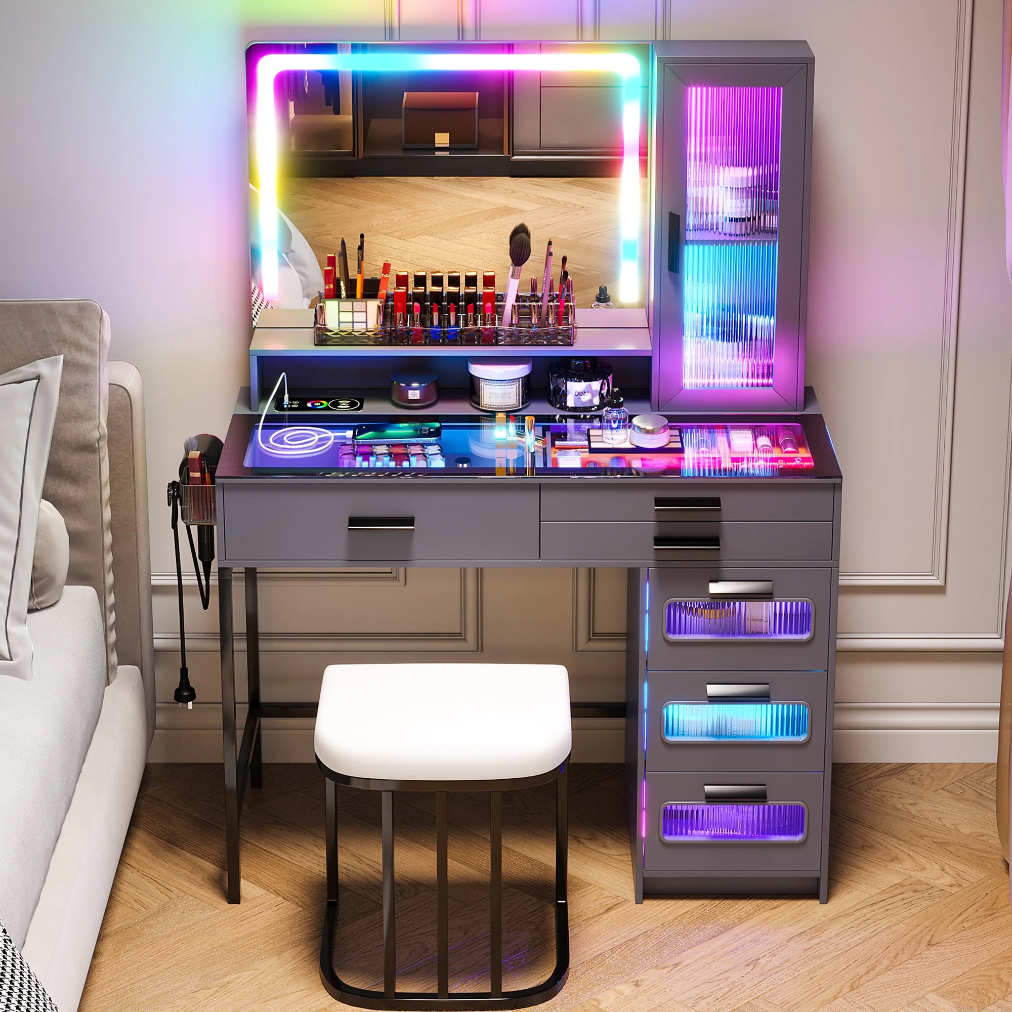 HNEBC Vanity Desk with Mirror and RGB Lights, Glass Top Makeup Vanity with Auto Sensor Lights and Wireless Charging, Vanity Table Set with Cushion Stool, Dressing Table with 6 Drawers (Grey)