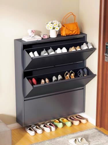 Shoe Cabinet Storage for Entryway,No-Assembly Large Shoe Rack Cabinet with 3 flip Drawers,Hidden Narrow Metal Freestanding Shoe Organizer for Living Room, Bedroom and Garage,Wall Mounted,black, Grey