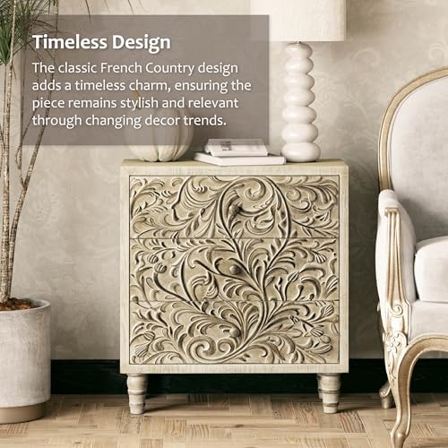 LONYKE 3 Drawer Farmhouse Dresser with Embossed Weathered Flower Motif, Vintage Nightstand for Bedroom, Fully-Assembled, Boho, Weathered White, 25''W*11.81''D*27.36''H