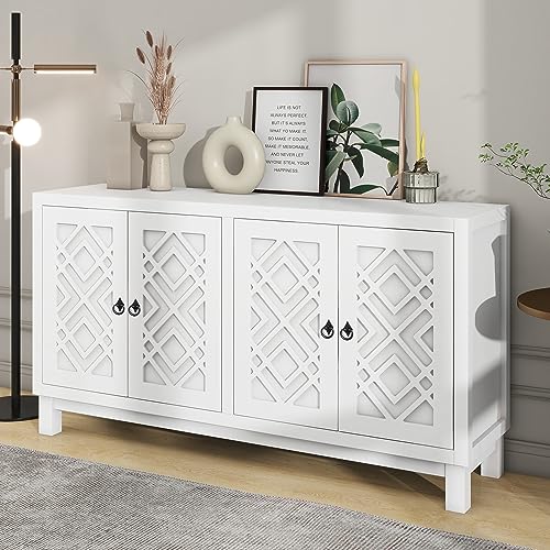 P PURLOVE Sideboard Storage Cabinet, 4 Door Buffet Cabinet with Pull Ring Handles, Large Storage Space Sideboard with Adjustable Shelves for Living Room, Dining Room (Black)