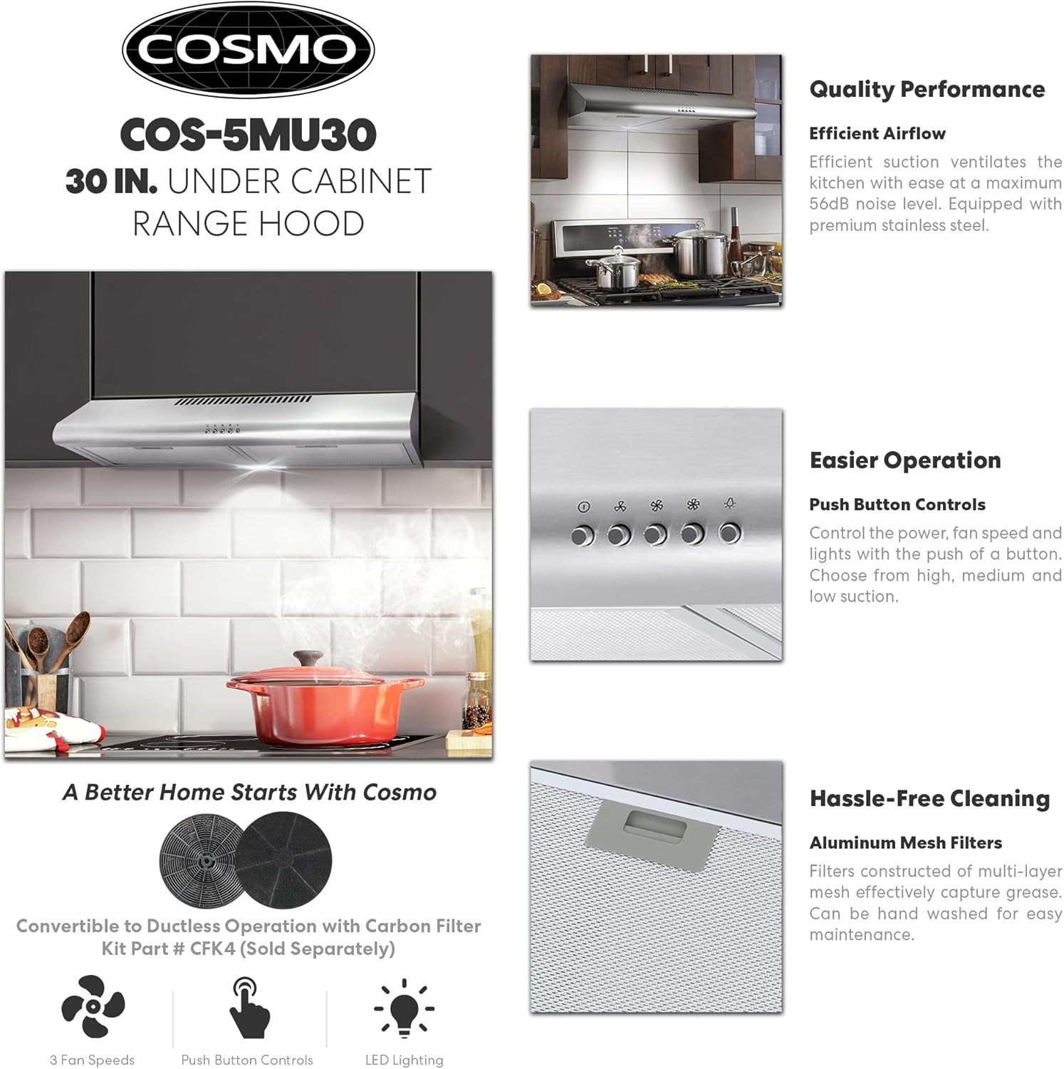 Cosmo COS-5MU36 36 in. Under Cabinet Range Hood Ductless Convertible Duct, Slim Kitchen Stove Vent with 3 Speed Exhaust Fan, Reusable Filter and LED Lights in Stainless Steel, 36 inch