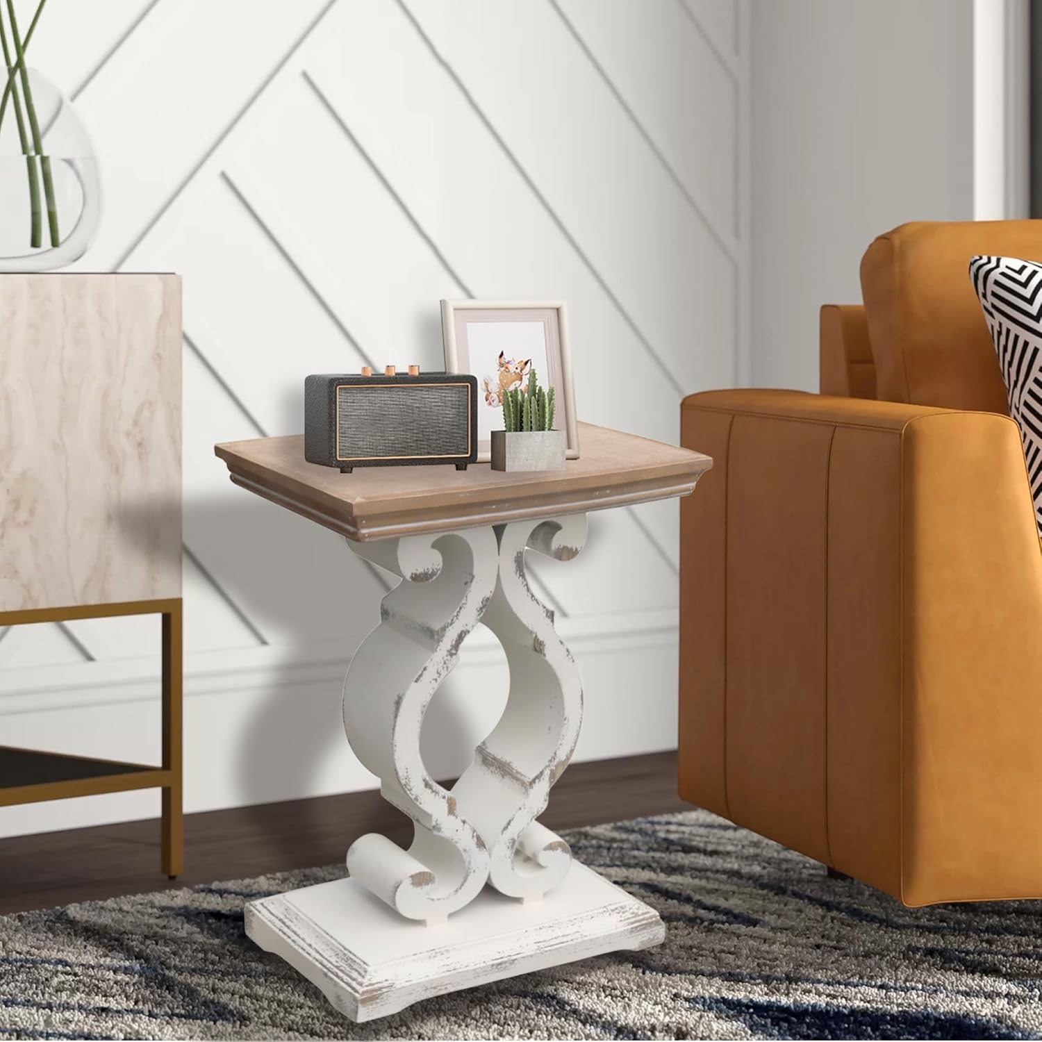 Rustic Wood Rectangle End Table, French Country Accent Side Table, Farmhouse Wood Accent Table for Bedroom Living Room, 19.75 x 11.75 x 27.5 Inches