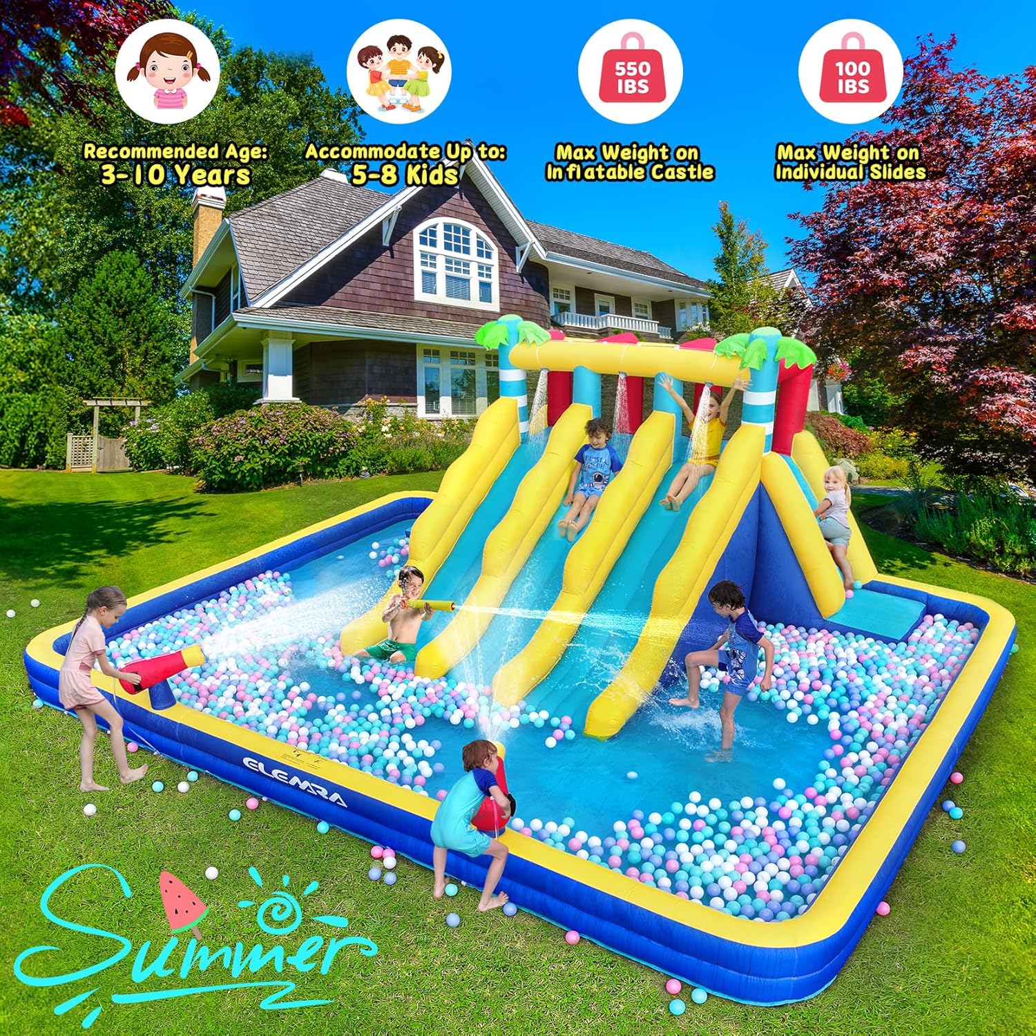 ELEMARA Extra Large Inflatable Water Slide Bounce House, Kids Water Park with Double-Layer Large Splashing Pool,3 Extra-Long Slides, Climbing Wall, 2 Water Cannons, Water Spraying, 750W Air Blower