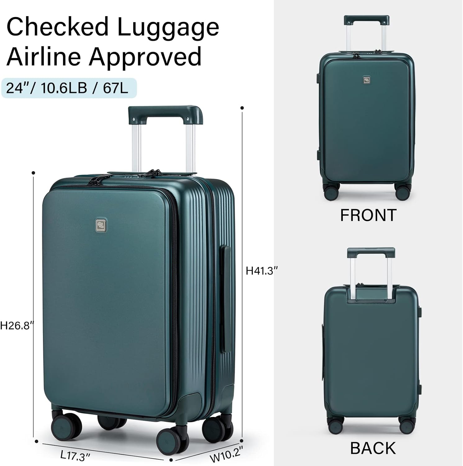 Hanke 24 Inch Checked Luggage Hard Shell Suitcases with Wheels Lightweight Travel Luggage for Weekender Suitcase with Lock Rolling Luggage with Front Pocket(Medium-Blackish Green)