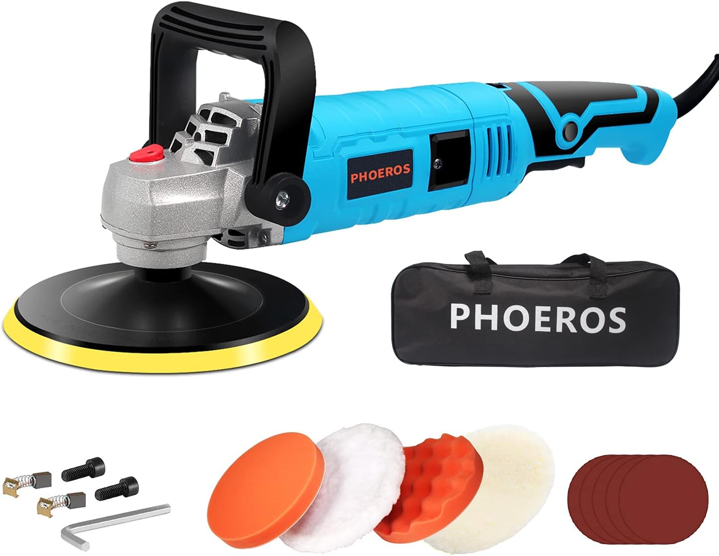 PHOEROS Buffer Polisher，7 inch Car Buffer Polisher kit with 7 Variable Speed, 4 Pads, Tool Bag for Car Polishing Sanding and Waxing Sealing Glaze