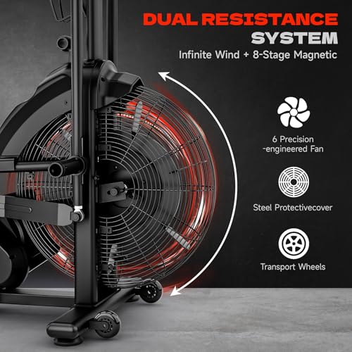 Air Bike, Exercise Bike with Magnetic & Air Resistance Fan Bike, Stationary Bike for Home Cardio Workout, Adjustable Indoor Cycling Bike with APP & Dual Action Handlebars, 350lb Capacity
