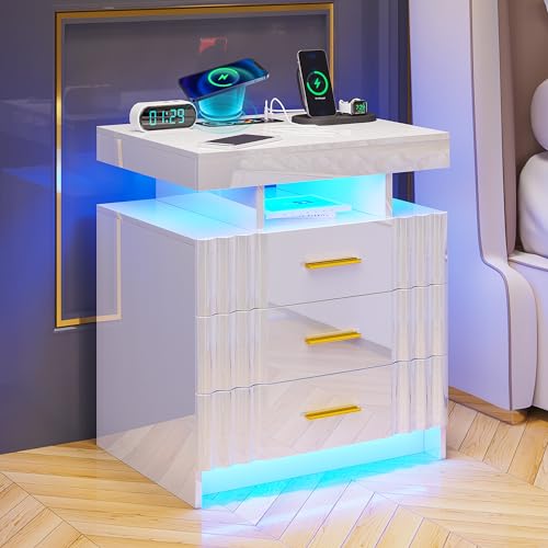 Lvifur Nightstand with Charging Station, Night Stand with Hutch & Storage Drawers, End Table Side Table Bedroom (Black)