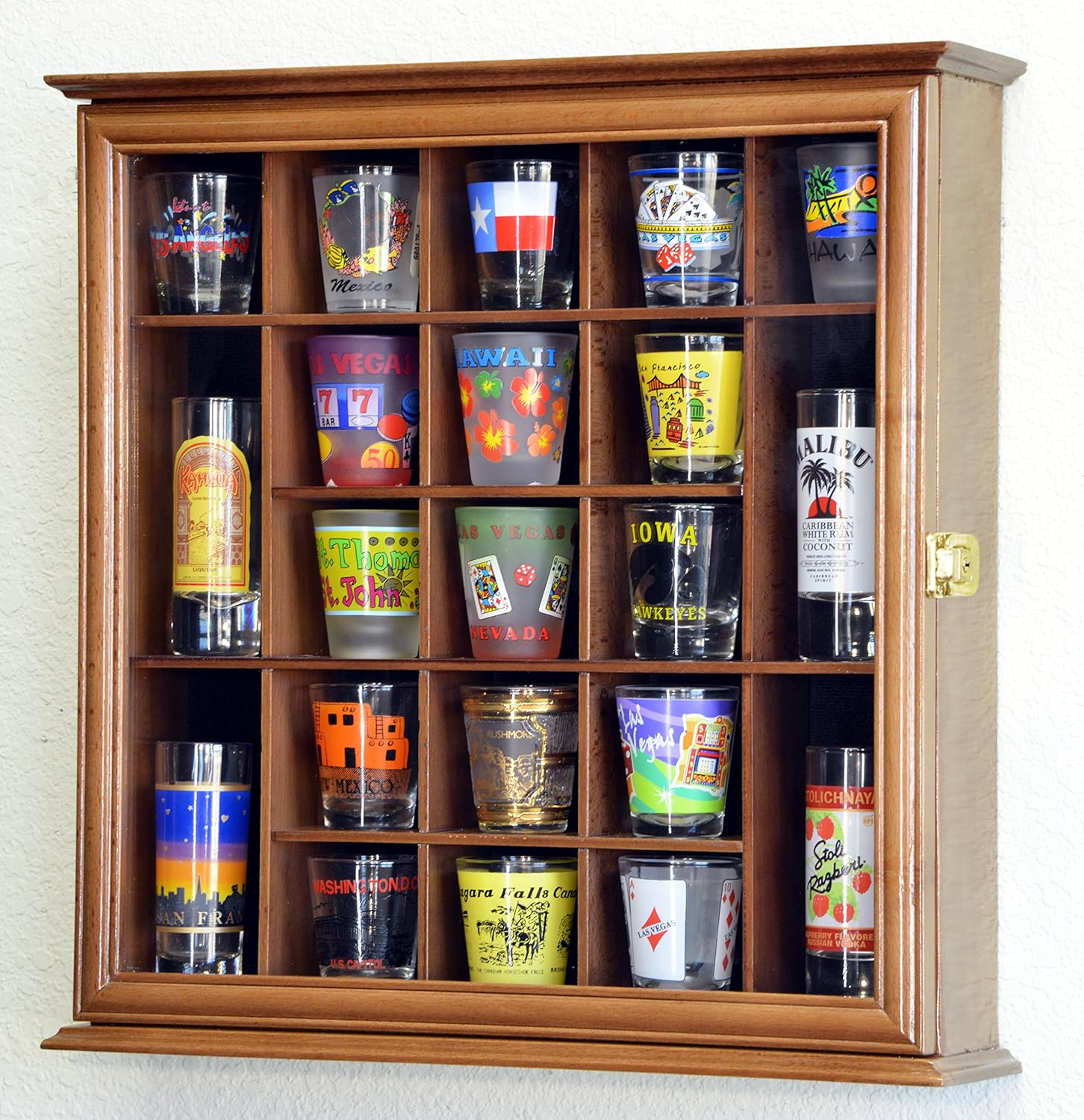 21 Shot Glass Shotglass Shooter Display Case Holder Cabinet Wall Rack 98% UV Lockable -Walnut