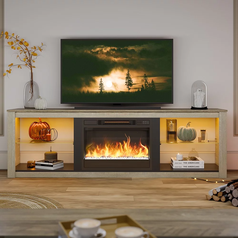Bestier Modern Electric Fireplace TV Stand for TVs up to 75" with LED Light in Wash White+Grey