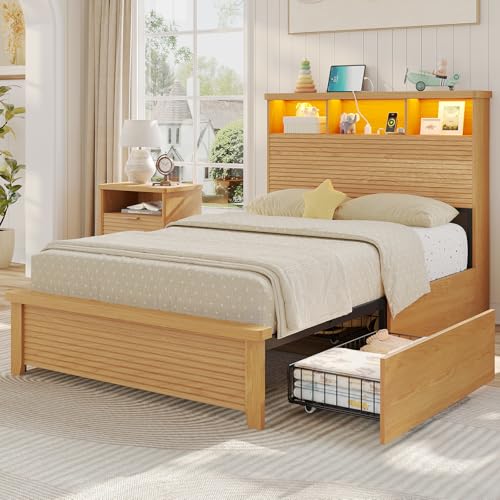 VIAGDO Wood Bed Frame Full Size with 4 Storage Drawers and Charging Station, Fluted Led Full Bed Frame with 2 Tier Storage Headboard, No Box Spring Needed,Wood
