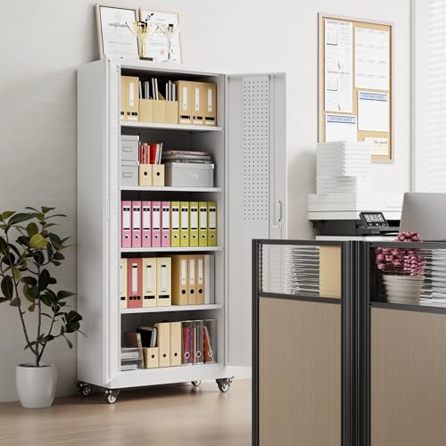 73" H Metal Storage Cabinet with Wheels, Garage Storage Cabinet with 4 Adjustable Shelves and Lockable Doors for Garage Home Office Utility Room,Required Assembly,Black