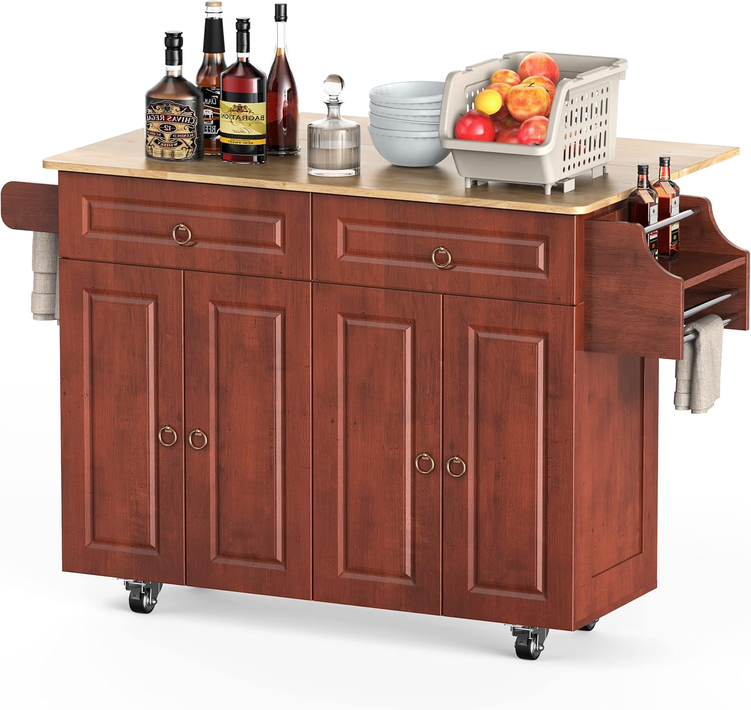 Qsun Kitchen Island with Drop Leaf Countertop, Wood Kitchen Island Cart on Lockable Wheels with Two Large Drawers and Two Large Storage Cabinet with Double Doors, Brown