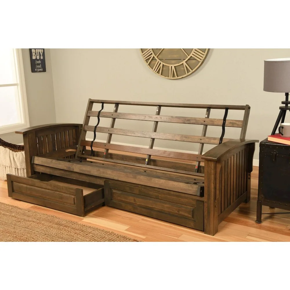 Kodiak  Washington Rustic Walnut Futon Frame with Suede Peat Mattress & Storage Drawers - Full Size