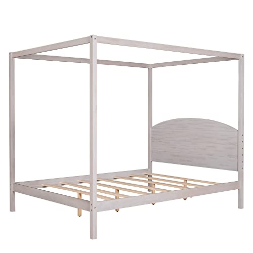 Full Size Canopy Platform Bed, Modern 4-Poster Panel Beds Frame, with Headboard and Support Legs, Noise Free/No Box Spring Needed, Grey Wash,bed frame(Brown,Full)