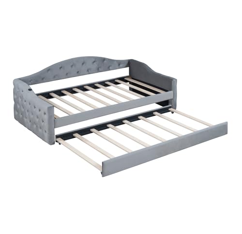 Twin Size Daybed with Trundle, Velvet Tufted Day Bed Frame with 2 USB Charging Ports, No Box Spring Needed, Upholstered Sofa Bed with Roll-out Trundle for Bedroom, Living Room, Guest Room, Pink