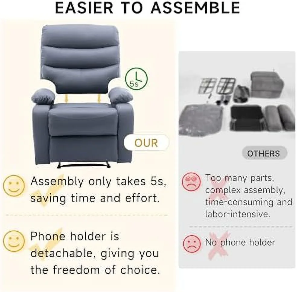 NLIBOOMLife Recliner Chair for Living Room  Manual Recliner with Micro Leather  Overstuffed Single Sofa  Easy to Operate Footrest &amp; Headrest  Suitable for Small Spaces- Cerulean Blue