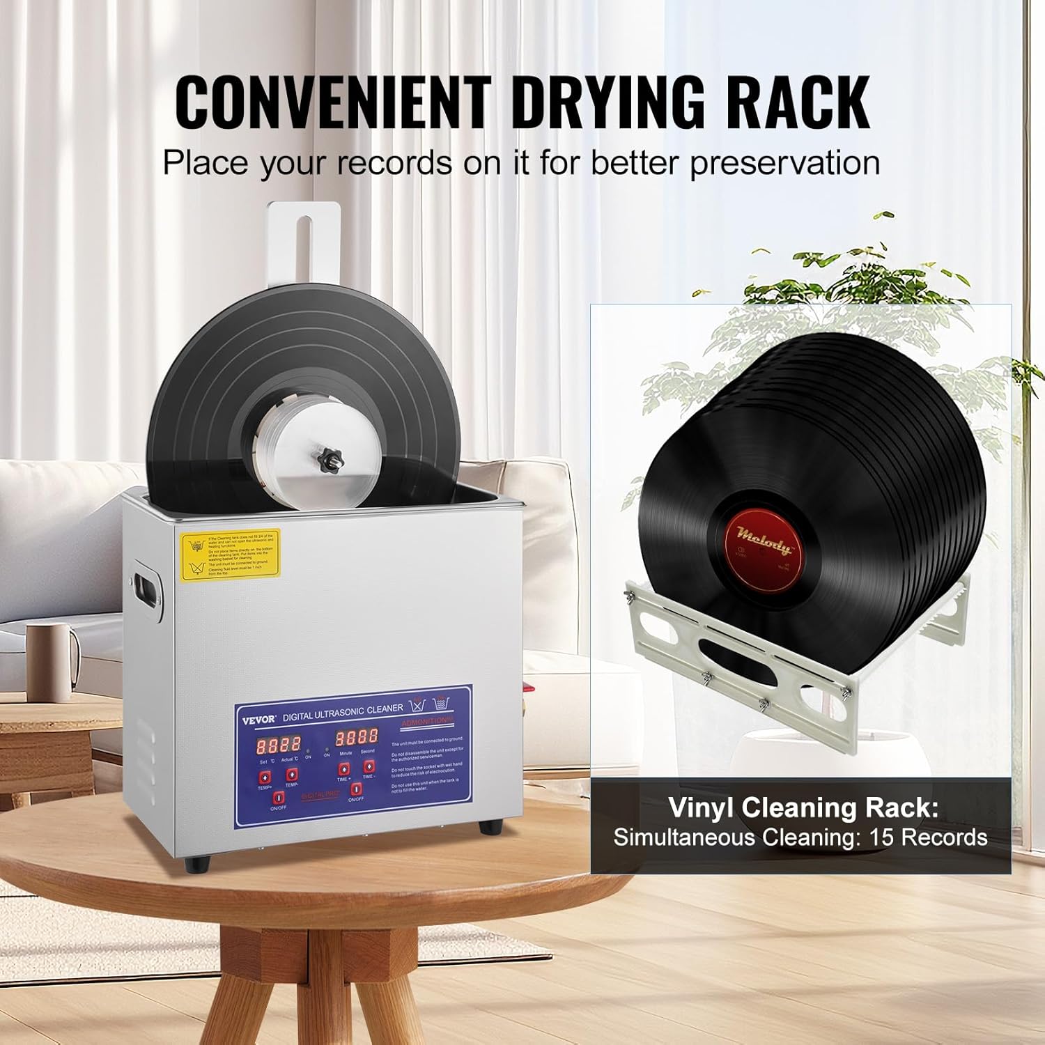 VEVOR Ultrasonic Cleaner, 6L Ultrasonic Vinyl Cleaner 7-12 Inch, 8 Records Ultrasonic Vinyl Cleaning Machine, 180W Ultrasonic Records Cleaner with Drying Rack for Home Store