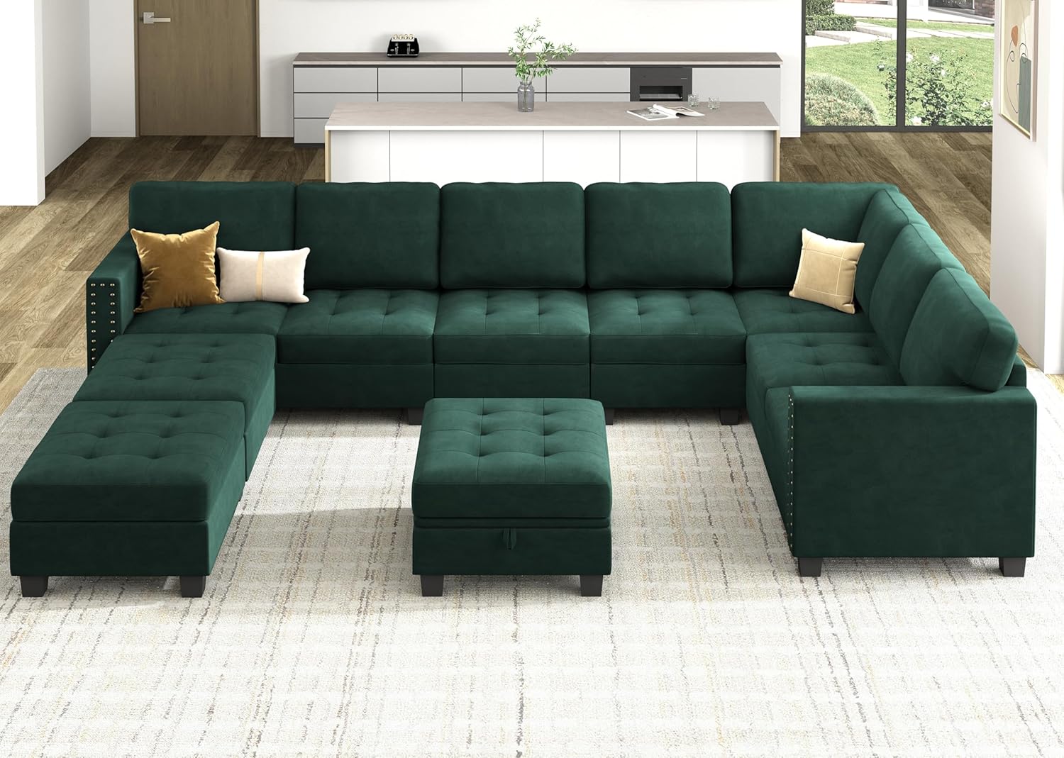 HONBAY Oversized Sectional Sofa, Convertible Modern Sectional Couch Velvet U Shaped Sofa Couch with Storage Ottoman Top Tray Sofa with Chaise, Green