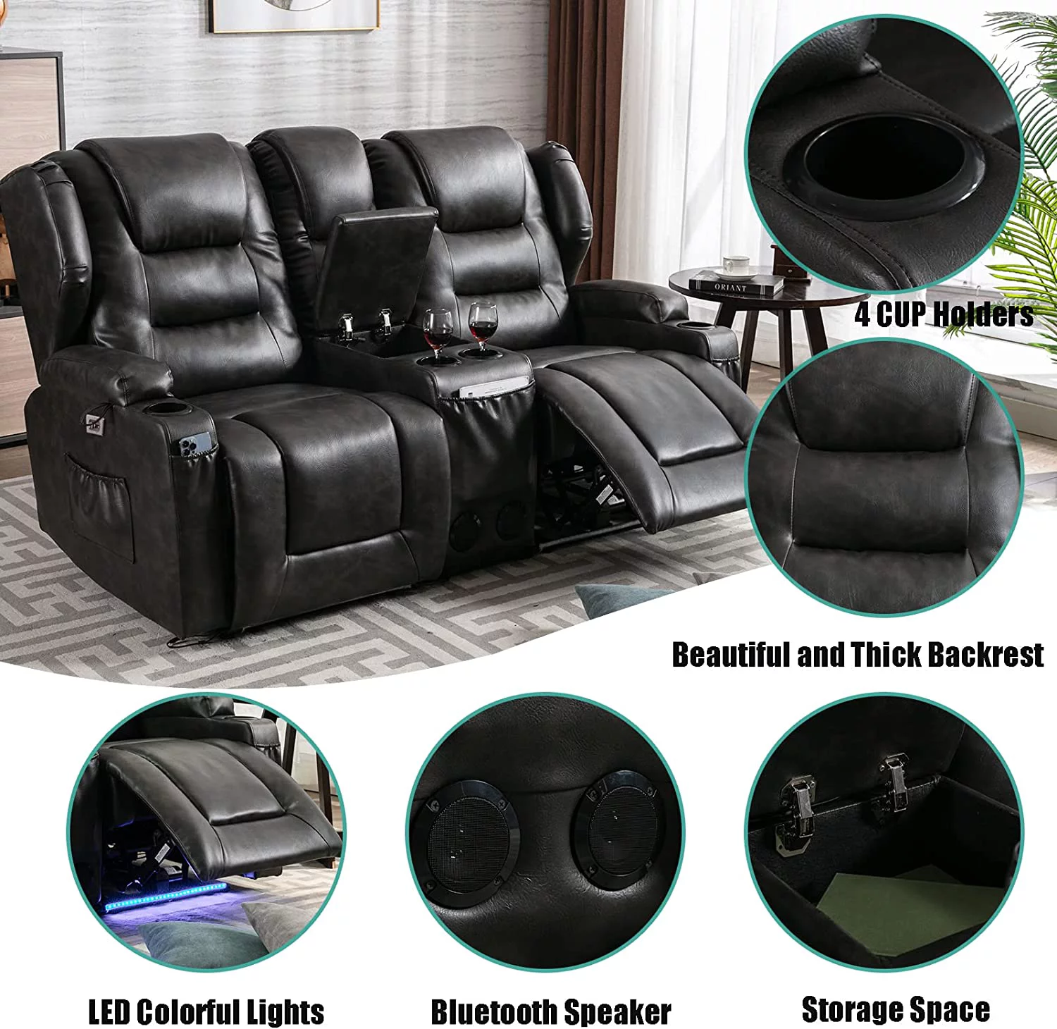 IPKIG Electric Home Theater Seating- Power Recline Chair Loveseat RV Sofa with Console, 67" Double Recliner 2-Seater RV Couch with Storage/USB Charging/Lighting/Cup Holders for Living Room