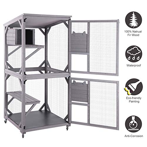 Aivituvin Cat Catio Outdoor Cat house Wooden Large Enclosure with Run on Wheels 70.9" Upgraded Version Catio with Reinforcement Strip,Waterproof Roof (grey)