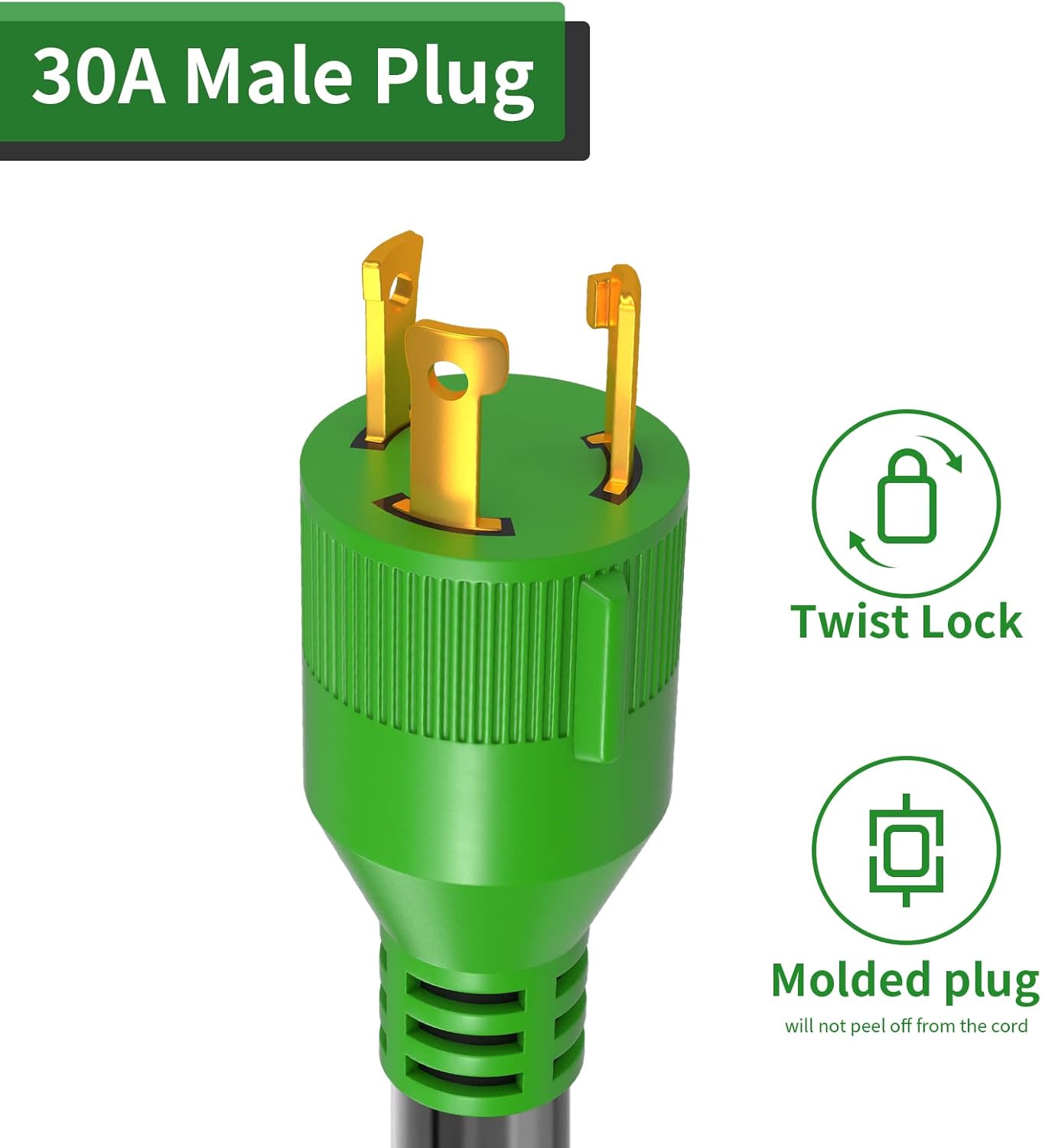 RVGUARD 4 Prong 30 Amp to 30 Amp RV Generator Adapter Cord 12 Inch, STW 10/3, L14-30P Locking Male Plug to TT-30R Female with LED Power Indicator, Green