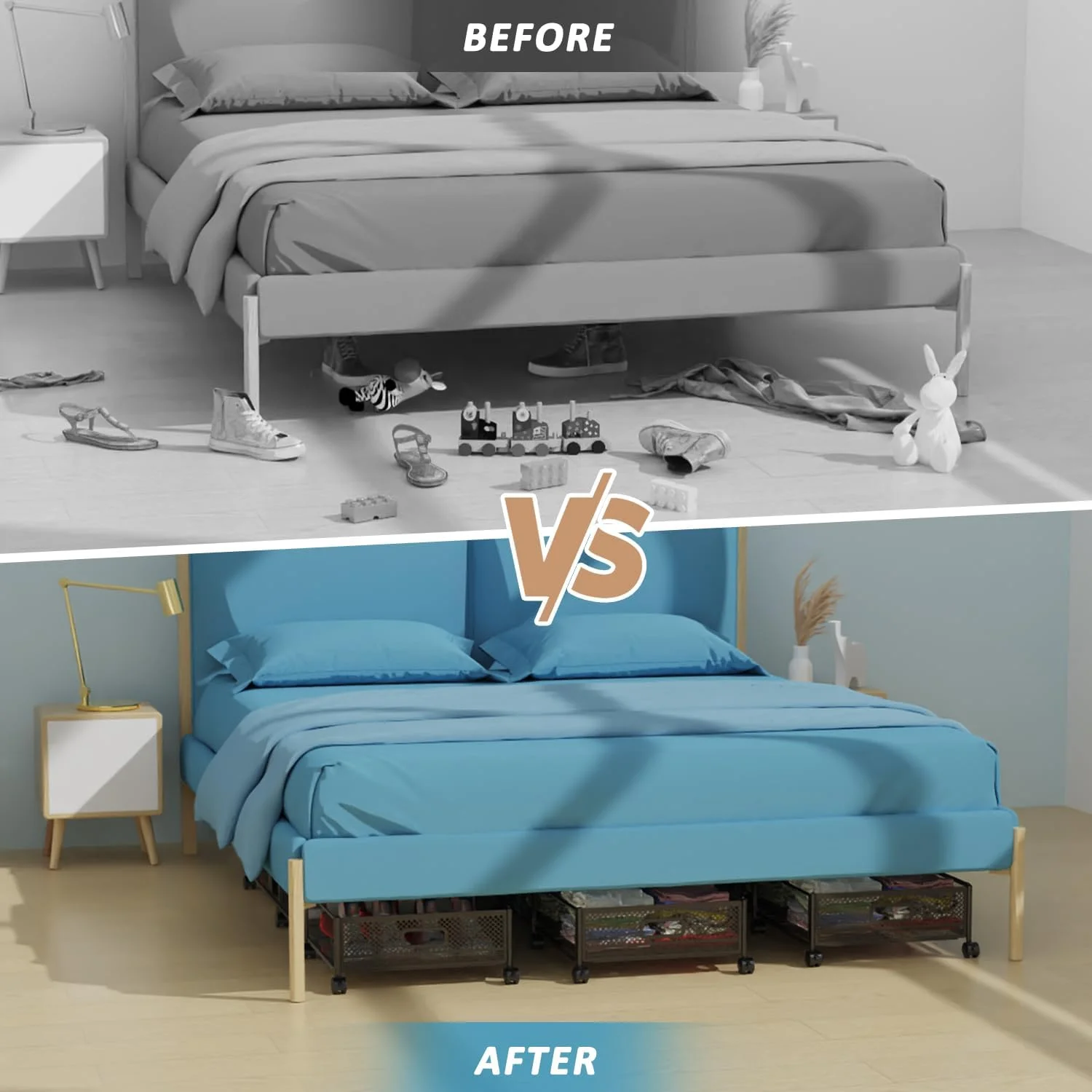 47.2'' Long Under Bed Storage on Wheels, 57.6L Large Capacity Rolling Under the Bed Storage Containers, Tool-Free Assembly Foldable Underbed Shoes Clothes Toy Drawers