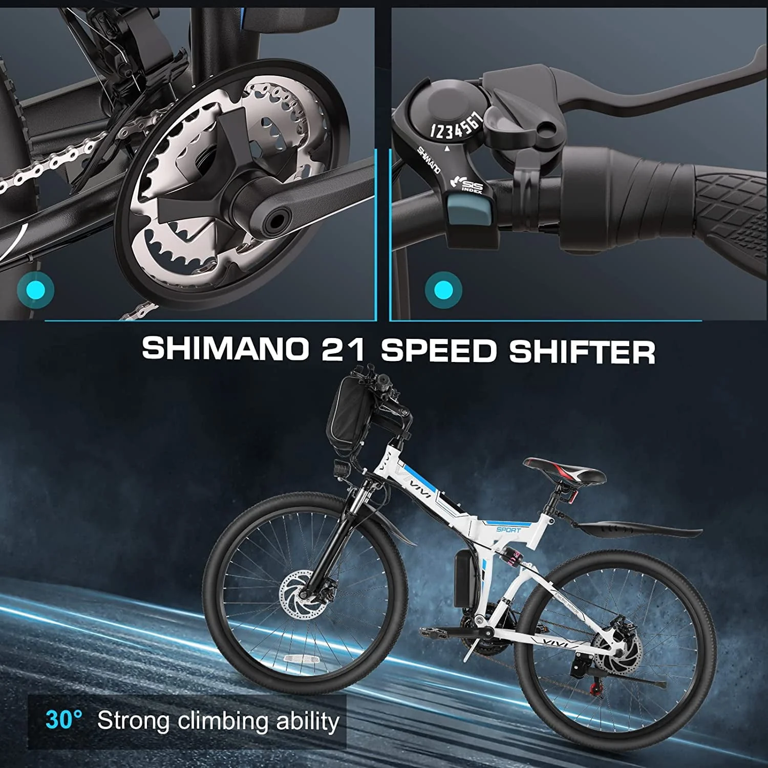 Vivi Electric Bike for Adults 26 Folding Electric Bike 500W Electric Mountain Bike 20MPH Full Suspension Electric Bike with Cruise Control Up to 50 Miles