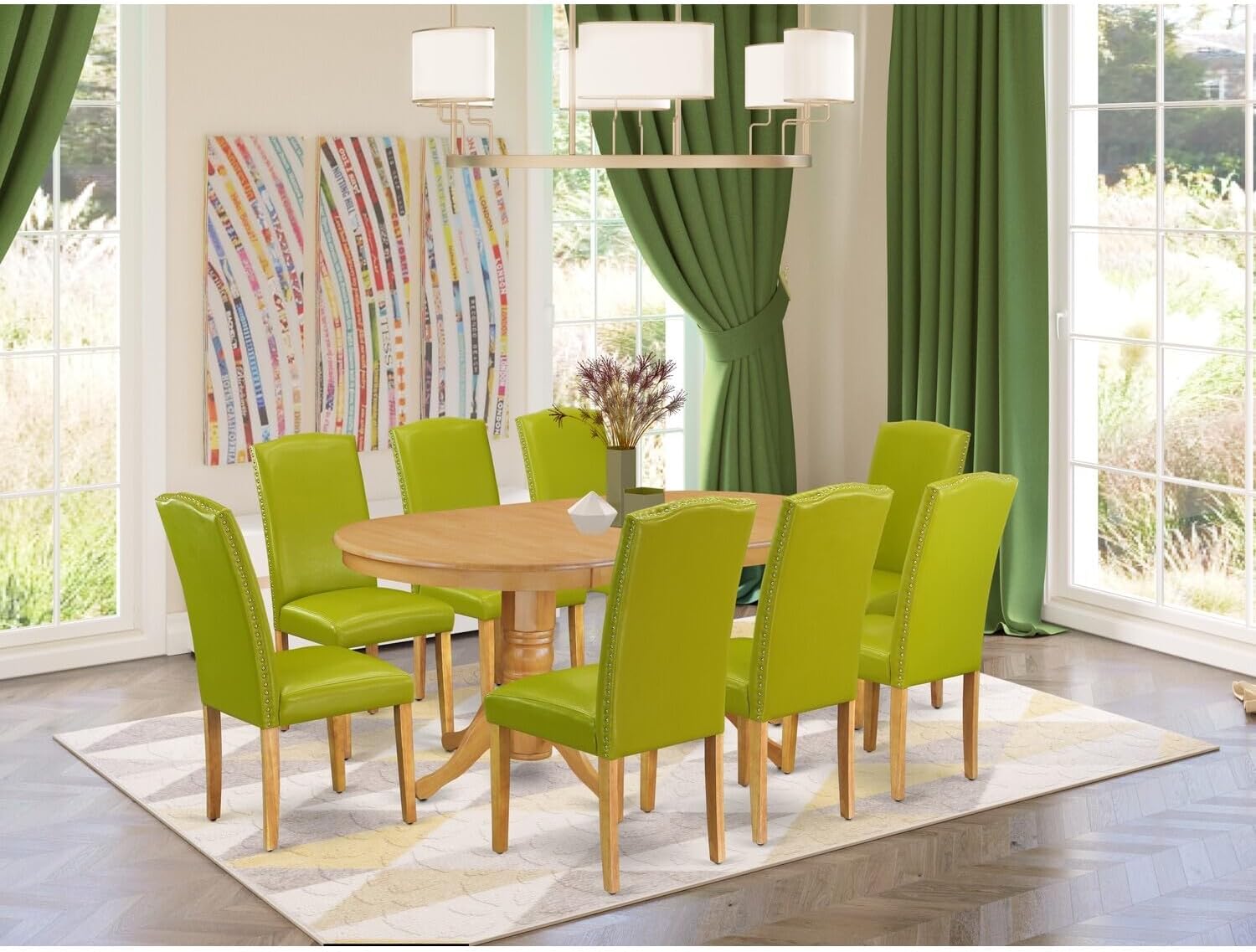Handcrafted Haven 9 Pc Kitchen Set for 8 Dining Table with Leaf and Eight Parson Chair with Oak Leg and Pu Leather Color Autumn Green