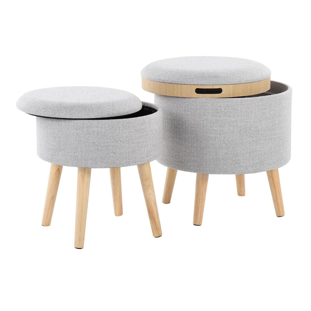 Lumisource Tray Contemporary Storage Ottoman with Matching Stool in Light Grey Fabric and Natural Wood Legs