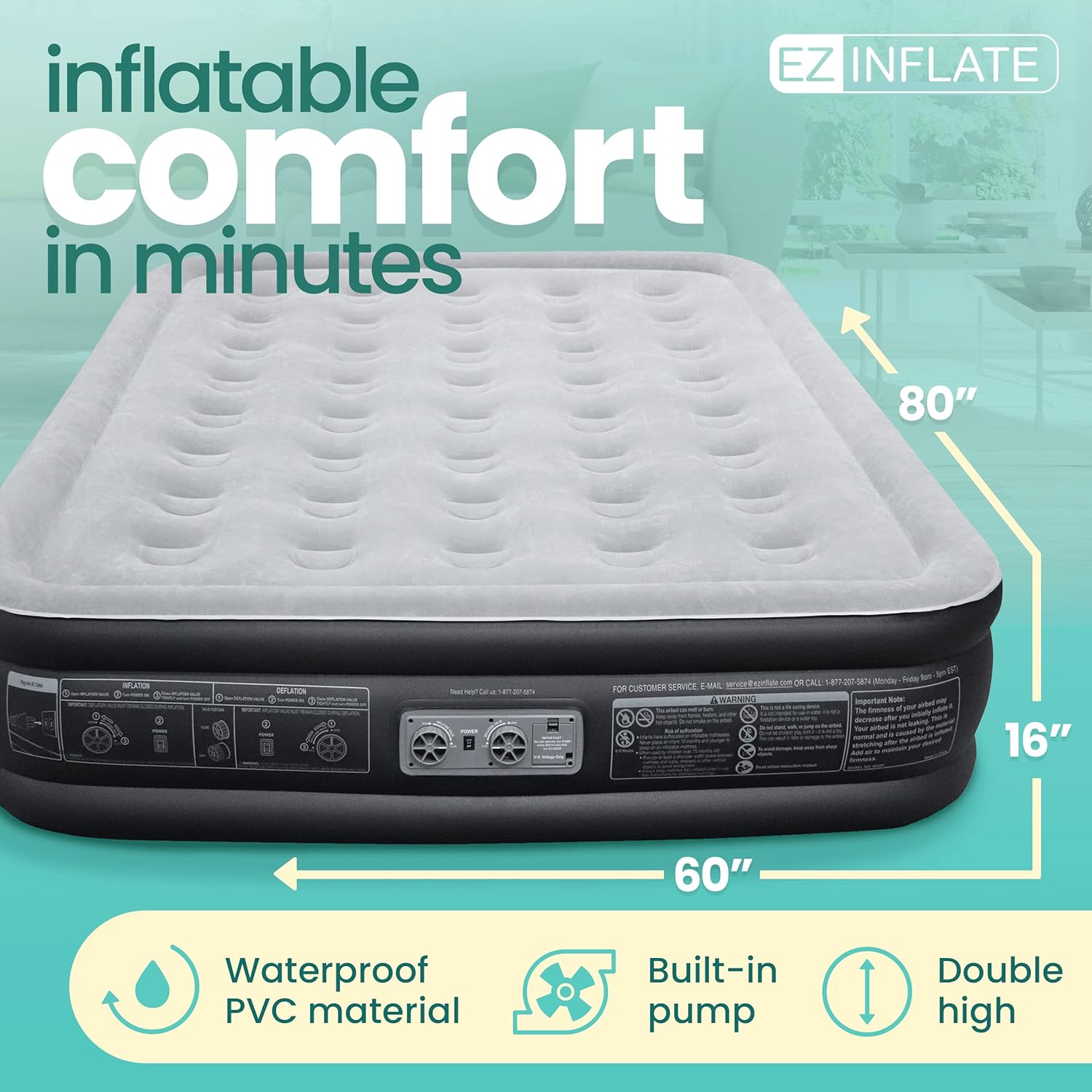 EZ Inflate Air Mattress with Built in Pump - Twin Size Double-High Inflatable Mattress with Flocked Top - Easy Inflate, Waterproof, Portable Blow Up Bed for Camping & Travel