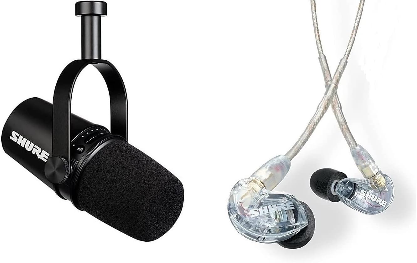 Shure MV7 USB/XLR Dynamic Microphone + SE215 Professional in-Ear Headphones for Podcasting, Recording, Streaming & Gaming, Built-in Headphone Output, Voice-Isolating Technology - Black/Clear